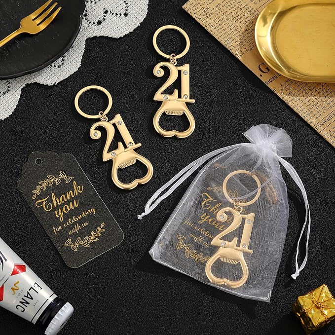 24 pcs 21th Gold Keychain Bottle Opener Birthday Party Favors for Guests,21th Beer Bottle Opener Favors Bulk for Birthday Anniversary Souvenirs Party Decor Supplies (Gold 21th)