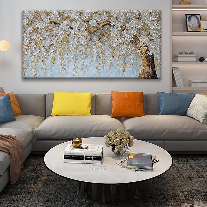 Suconvng Large Wall Art For Living Room Home Wall Decor Modern Canvas Art Wall Decor 29 X 58 Inches Elegant Flower White Wall Art Picture For Bedroom Office Artwork