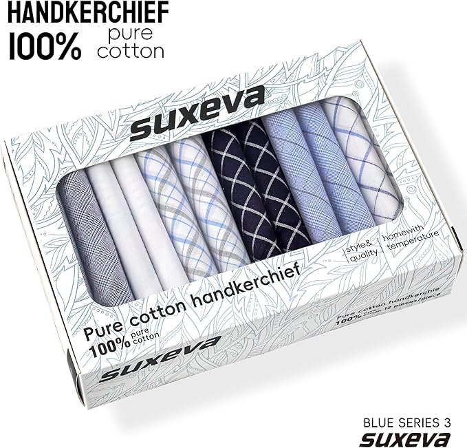 Gifts Cotton Handkerchiefs 100% Soft Cotton 12-Pack White handkerchif and Blue cotton handkerchief for Men and Women