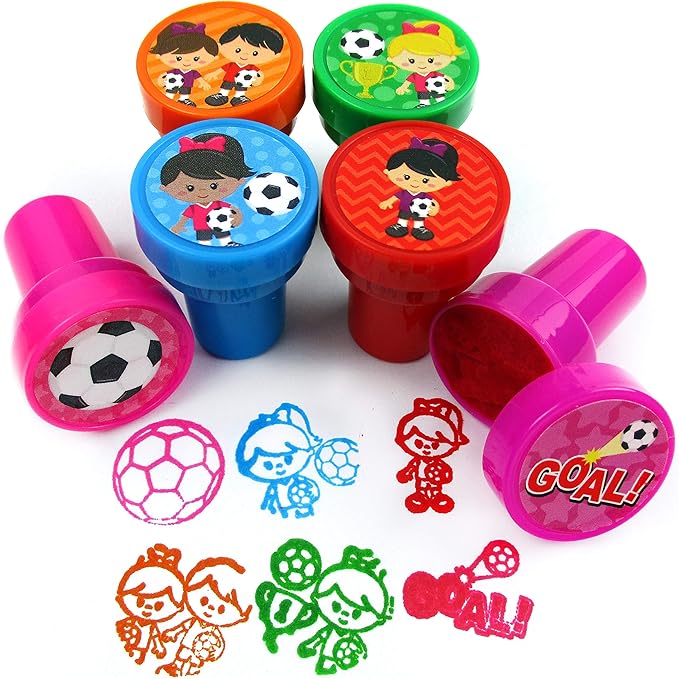 TINYMILLS 24 Pcs Soccer Stampers for Kids Party Favor Goodie Bag Stuffers Pinata Fillers Soccer Futbol Gifts Carnival Prizes Team Party Favor Rewards