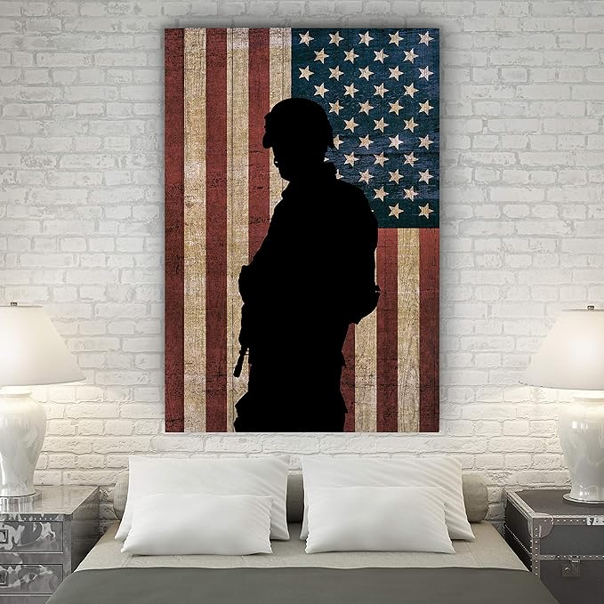 Renditions Gallery Canvas Figurative Wall Art Home Paintings Artwork Dark Veteran Silhouette Modern Black & White American Military Decorations for Office Bedroom Kitchen - 24"x32" LT25