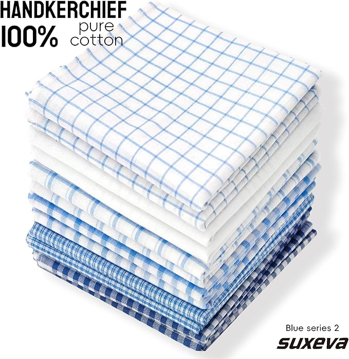 Gifts Cotton Handkerchiefs 100% Soft Cotton 12-Pack White handkerchif and Blue cotton handkerchief for Men and Women