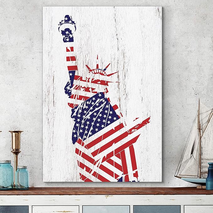Renditions Gallery Canvas Patriotic Wall Art Paintings & Prints Flag Draped Liberty Statue Rustic Nationalistic Pride Canvas Wall Hanging Artwork for Bedroom Office Kitchen - 24"x32" LT25