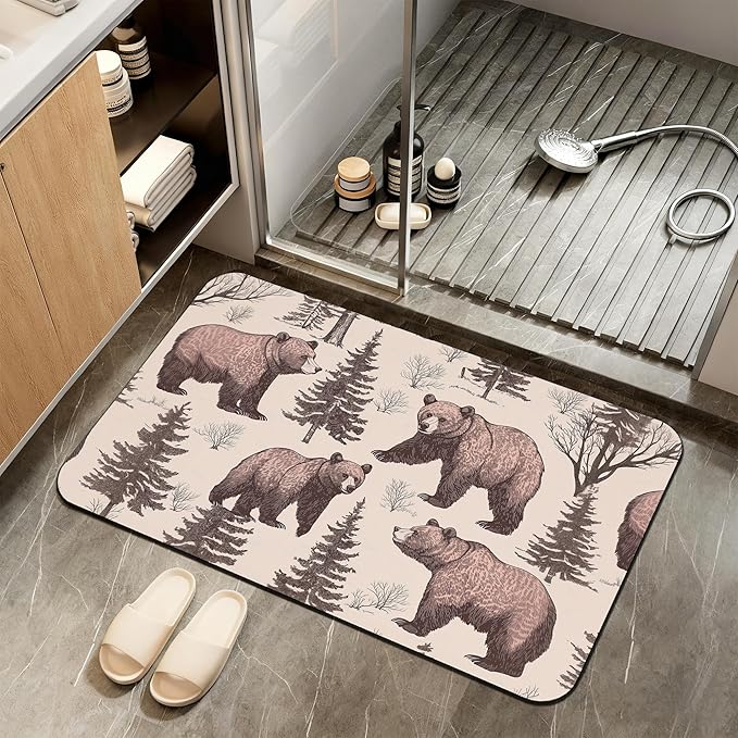 Retro Bear Bathroom Rugs,Bath Mats for Bathroom,Forest Printed Low Pile Absorbent Bath Mat,Rubber Backing Non Slip Washable Thin Quick Dry Door Mat 17x29.5 Inch