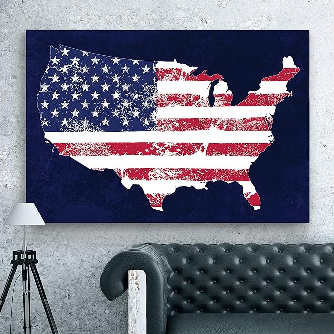 Renditions Gallery Nature Wall Art Paintings Window View Prints Vintage Faded American Flag Glam Patriotic Modern Blue American Map Decorations for Bedroom Office Kitchen - 30"x40" LT25