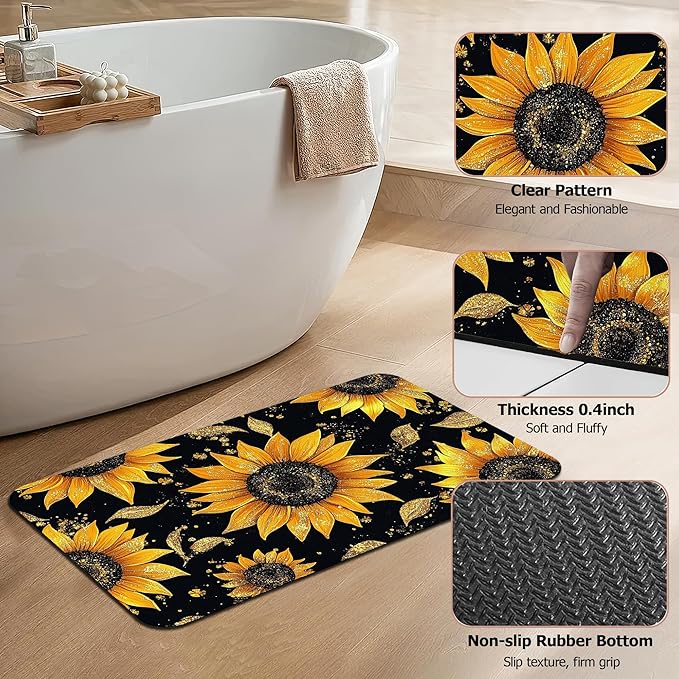 Glittering Sunflowers Bath Mat,Diatomaceous Earth Bath Mat,Rubber Backing Quick Dry Absorbent Washable Bathroom Rugs for Tub Non Slip 17"x29.5"