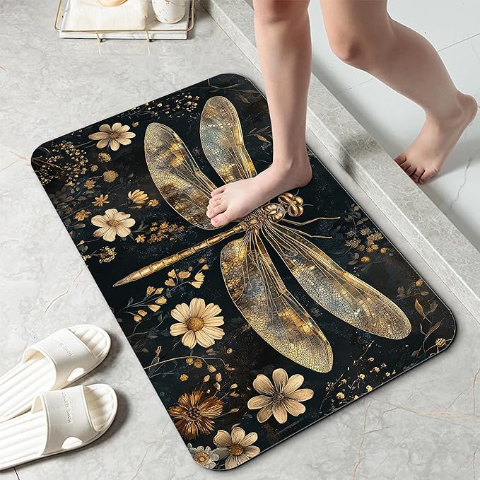 Vintage Dragonfly Bathroom Rug 29.5"x17",Flowers Quick-Drying Super Absorbent Diatomite Bath Mat with Non-Slip Backing, Thin Washable Bathroom Floor Mat Fits Under Door for Shower, Sink, or Tub