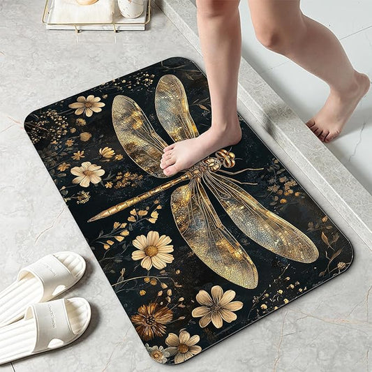 Vintage Dragonfly Bathroom Rug 29.5"x17",Flowers Quick-Drying Super Absorbent Diatomite Bath Mat with Non-Slip Backing, Thin Washable Bathroom Floor Mat Fits Under Door for Shower, Sink, or Tub