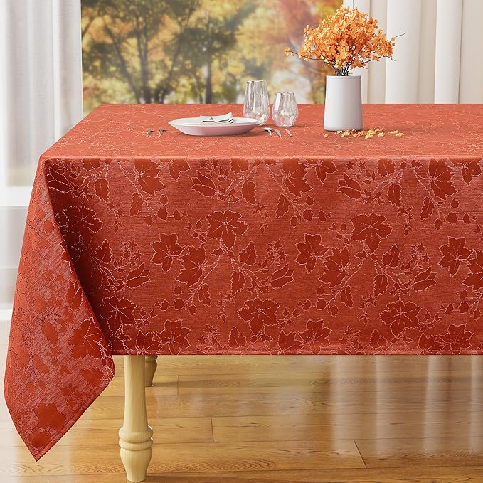 misaya Rectangle Thanksgiving Tablecloth, Waterproof Jacquard Fall Table Cloth, Damask Cloth Table Cover for Harvest Decor (60" x 120", Rust Maple Leaf)