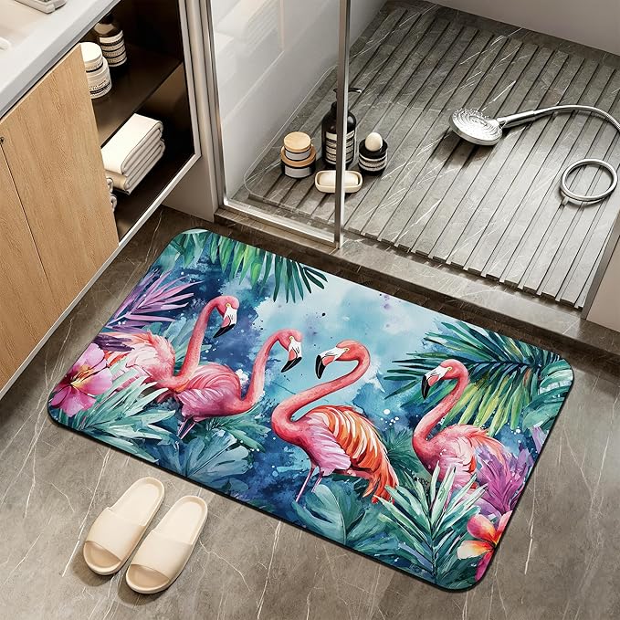Bath Mat,Flamingo Tropical Bathroom Rugs,Quick-Drying Non-Slip Rubber Bath Mats Exotic Leaves Flower Absorbent Diatomaceous Earth Mat for Bathroom Home Decor 17"x29.5"