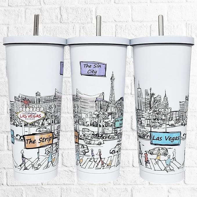 Cities Around the World 25 Oz Tumbler Series - Designed in the USA - Vacuum Insulated Tumbler with Lids & Straw - Stainless Steel Coffee Water Travel Mug, for Hot Cold Drink (Las Vegas)