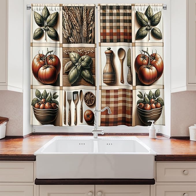 Ambesonne Farmhouse Kitchen Curtains, Nostalgia Tone Plaid Ornate Tomatoes and Wheats Print Country Feel, Window Drapes 2 Panel Set for Kitchen Cafe Decor, 55" x 30", Paprika Rust and Green