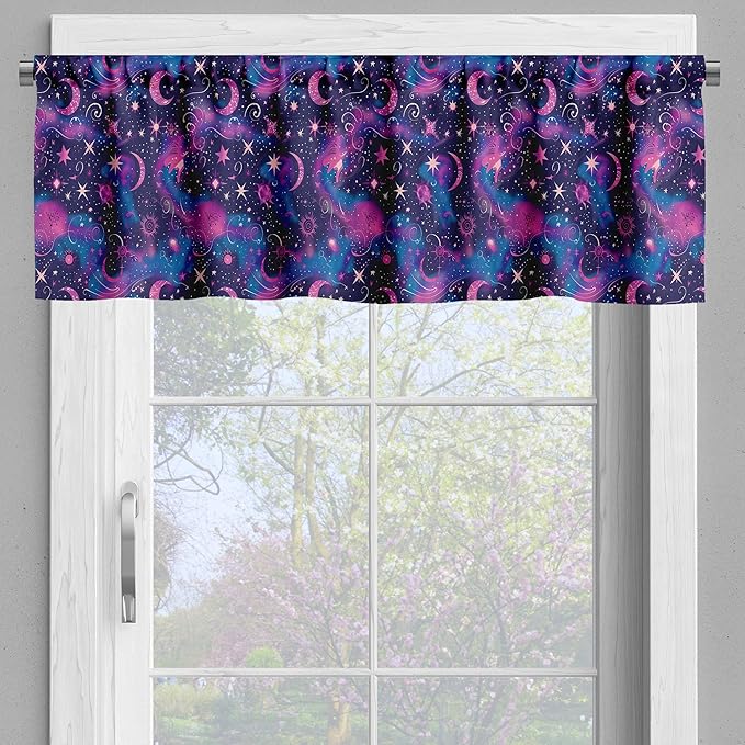 Ambesonne Celestial Window Valance, Fantasy Dream Oriental Astronomy Art Crescent and Starry Atmosphere, Curtain Valance for Kitchen Bedroom Decor with Rod Pocket, 54" X 12", Dark Night Blue Fuchsia