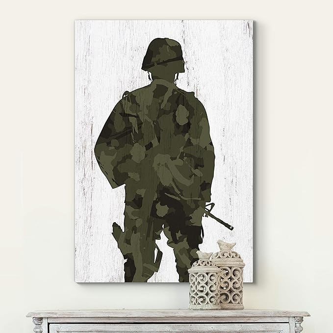 Renditions Gallery Canvas Figurative Wall Art Modern Paintings Decorations Military Soldier Silhouette Abstract Green Black American Patriotic Artwork for Bedroom Office Kitchen - 36"x48" LT25