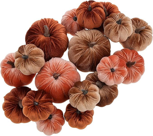 Woration 18pcs Fake Artificial Velvet Pumpkin Fall Decoration 3 Size Faux Foam Fabric Pumpkins Halloween Decor for Home Farmhouse Harvest Thanksgiving - Brown Series