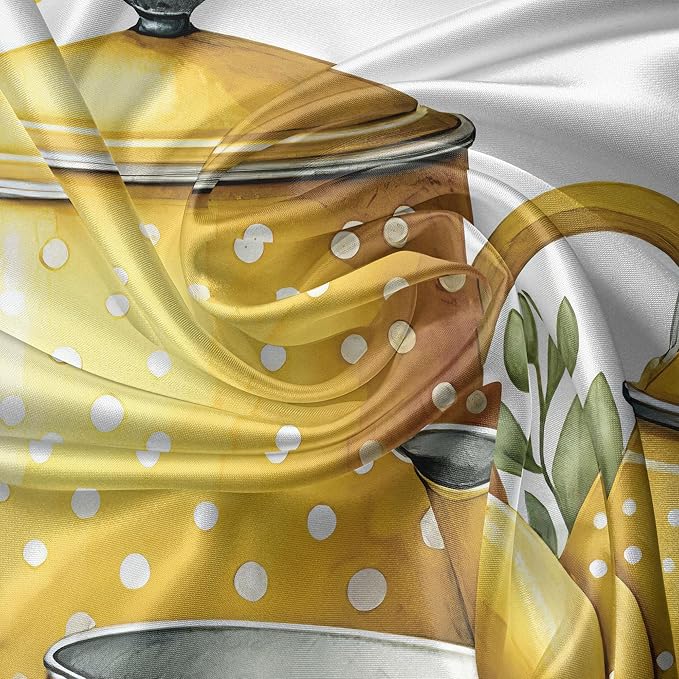 Ambesonne Eat Drink Laugh Valance & Tier Curtain 3 pcs Set, Vintage Summer Themed Print of Tea Pots Mugs and Cups Daisies, Window Treatments for Kitchen Room Decor, 55" x 24", Mustard and Hunter Green