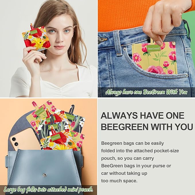 BeeGreen Flowers Reusable Grocery Bags Reusable Kitchen Bags Bulk Foldable-Machine Washable with Zipper Storage Pouch 6 Packs