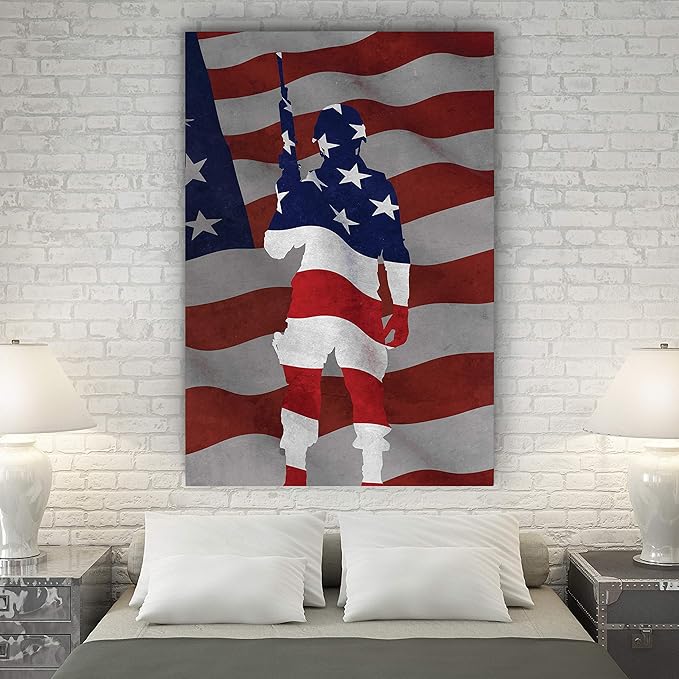 Renditions Gallery Canvas Patriotic Wall Art Paintings & Prints Artwork Proud Flag Draped Veteran Modern American Soldier Wall Hanging Decor for Dining Room Office Kitchen - 16"x20" LT25