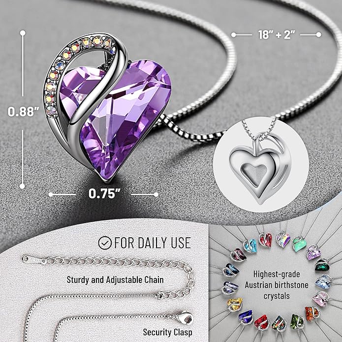 Leafael Valentine's Day Gift Necklaces for Women, Infinity Love Birthstone Heart Crystal Pendant, Birthday Anniversary Jewelry for Wife, Mom, and Her, Silver Plated, 18" + 2" Adjustable Chain