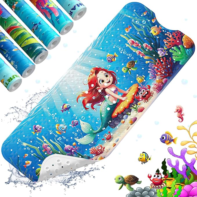 XIYUNTE Baby Bath Mat for Tub Non Slip Kids Bath Mat - 40''x16'' Extra Long Cartoon Bathtub Mat Non Slip Kids Shower Mat Eco-Friendly Toddler Bath Mats with Suction Cups, Machine Washable, Mermaid