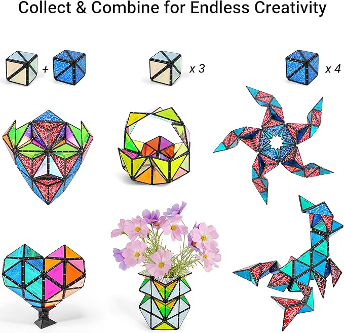 TOSY Magnet Pyramid Stone - 1 Cube Transforms into 1 Billion Shapes, 14 pcs (12 Puzzle pcs and 2 Spinners), 243 Magnets, Christmas Stocking Stuffers Gift for Kids, Creative Puzzle STEM Toy, 4-Pack