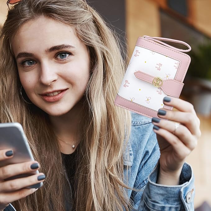 Cute Pink Small Bow Wallet for Women Bifold Womens Wallets Minimalist Ladies Purse with Bow Design Mini Kawaii Coin Purse with ID Window