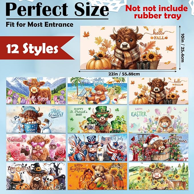 Nuanchu 12 Pcs Seasonal Door Mat Interchangeable Doormat Inserts Entrance Welcome Mats 22 x 10 Inches Non Slip Mats Gifts for Front Door Christmas Thanksgiving Decoration (No Frame)(Cow)