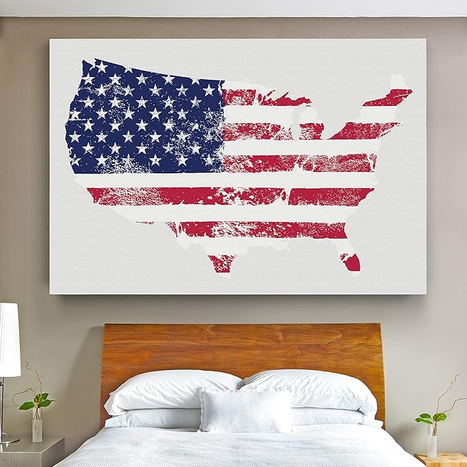 Renditions Gallery Canvas Patriotic Wall Art Home Paintings & Prints Vintage Faded American Flag Glam Modern White American Map Decorations for Bedroom Office Kitchen - 16"x20" LT25
