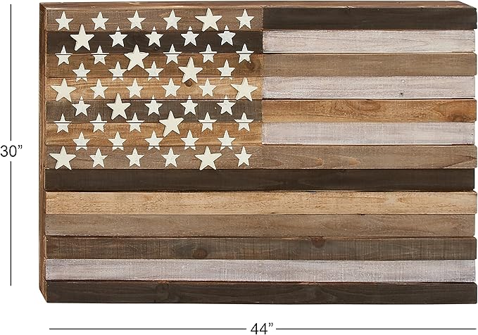 Deco 79 Wood American Flag Handmade Home Wall Decor Washed Wall Sculpture with Slatted Panels and Cream Stars, Wall Art 44" x 2" x 30", Brown