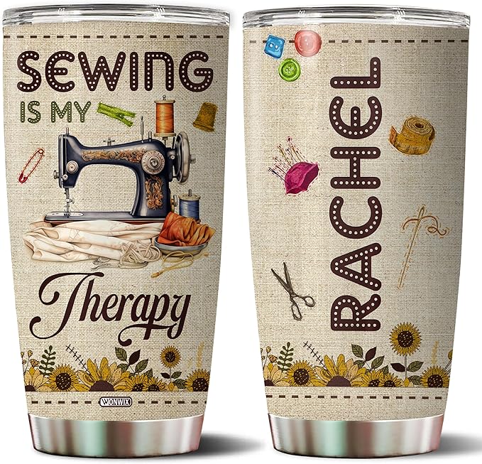 Personalized Sewing Gifts for Women Quilting Crochet Lover Mom Grandma Wife Her Stainless Steel Tumbler 20oz With Lid Sewing Therapy Travel Cup Coffee Mug Gift