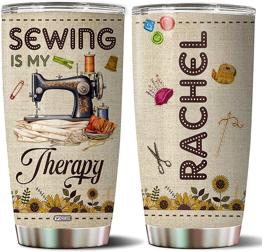 Personalized Sewing Gifts for Women Quilting Crochet Lover Mom Grandma Wife Her Stainless Steel Tumbler 20oz With Lid Sewing Therapy Travel Cup Coffee Mug Gift