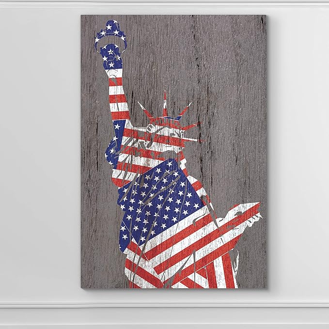 Renditions Gallery Canvas Wall Art Home Paintings & Prints Artwork Flag Draped Liberty Statue Glam Patriotic Modern Wall Hanging Decorations for Dining Room Office Kitchen - 36"x48" LT25