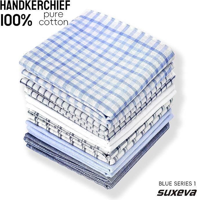 Gifts Cotton Handkerchiefs 100% Soft Cotton 12-Pack White handkerchif and Blue cotton handkerchief for Men and Women