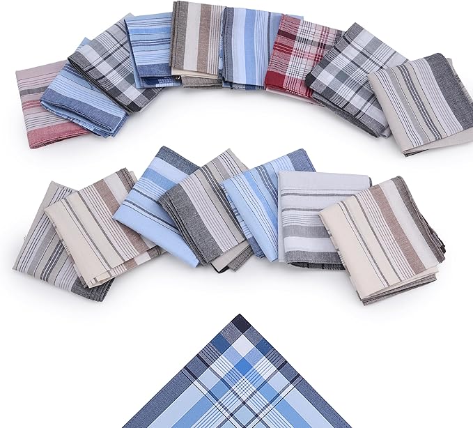 16 Pcs Mens Handkerchiefs, Neat Stitching Cotton Handkerchiefs for Men with Picked Color & Pattern, Absorbent & Breathable, 16 Inch