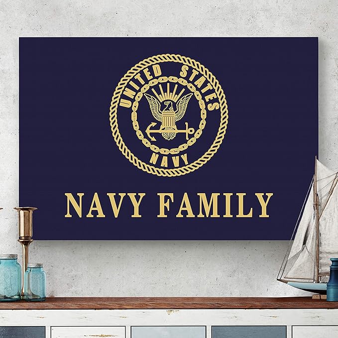 Renditions Gallery Canvas Nationalist Wall Art Paintings & Prints Artwork Golden United States Navy Crest Modern Patriotic Canvas Military Decor for Bedroom Office Kitchen - 36"x48" LT25