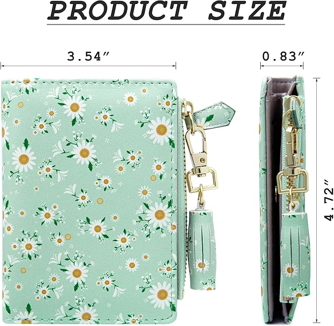 GEEAD Small Wallets for Women Bifold Slim Coin Purse Zipper ID Card Holder PU Leather Printed Blue Daisy
