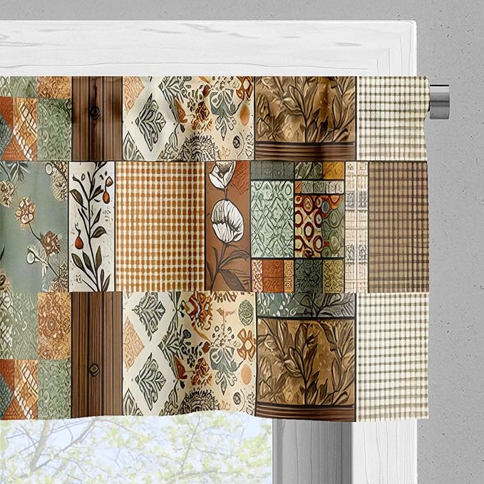 Ambesonne Cottagecore Window Valance, Modern Maximalist Design of Leaves Plaid Stripes Farmhouse Themed, Curtain Valance for Kitchen Bedroom Decor with Rod Pocket, 54" X 12", Taupe Grey Teal Orange