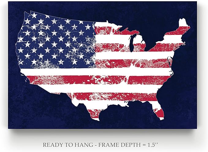 Renditions Gallery Nature Wall Art Paintings Window View Prints Vintage Faded American Flag Glam Patriotic Modern Blue American Map Decorations for Bedroom Office Kitchen - 24"x32" LT25