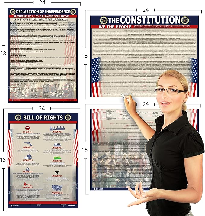 American Founding documents EXTRA LARGE Laminated 3 pack: US Constitution with all amendments, Declaration of Independence and Bill of Rights 24x36) Young N Refined