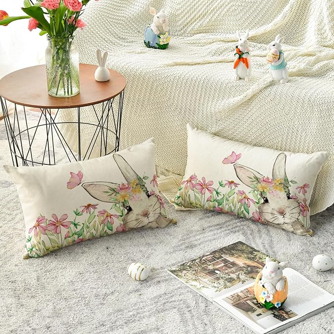 AVOIN colorlife Easter Floral Garland Bunny Throw Pillow Cover, 12 x 20 Inch Spring Rabbit Holiday Cushion Case Decoration for Sofa Couch Set of 2