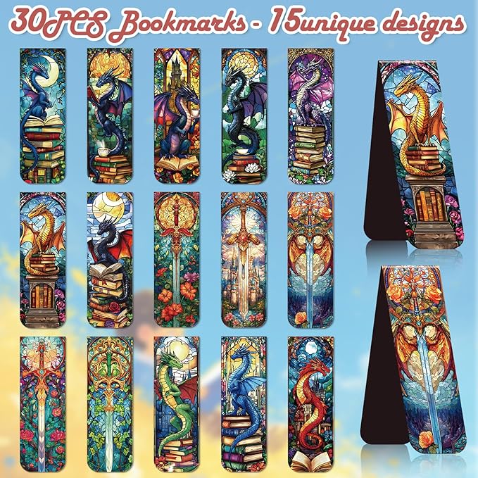 Dragon Sword Bookmark Magnetic Gifts - Wxiben 30 Pcs Stained Glass Window Dragon Bookmarks Magnets Fantastic Book Marks Page Marker Clip Gift for Women Men Students Teacher Reading Bookish