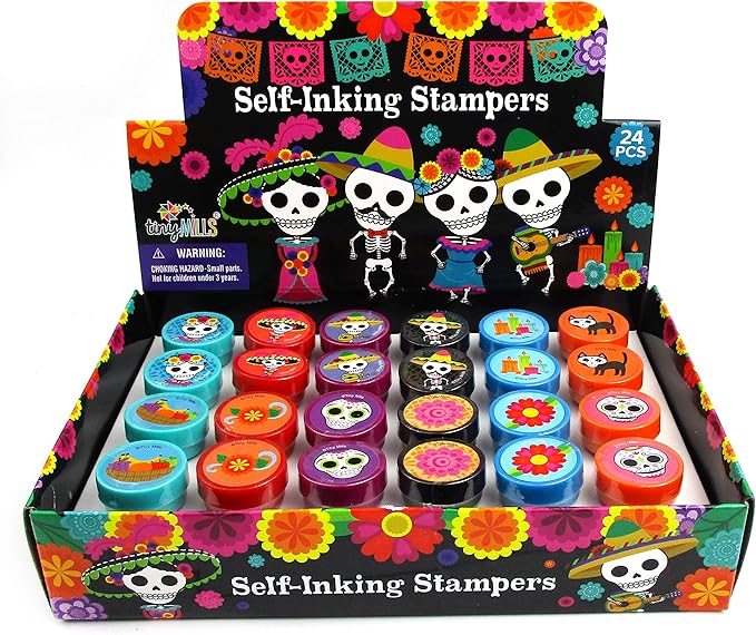 TINYMILLS Day of The Dead Stamp Set – 24 Pcs Self-Inking Stamper Kit with Sugar Skull & Floral Designs Día de Los Muertos Party Favors, Classroom Prizes, Non-Candy Goodie Bag Fillers