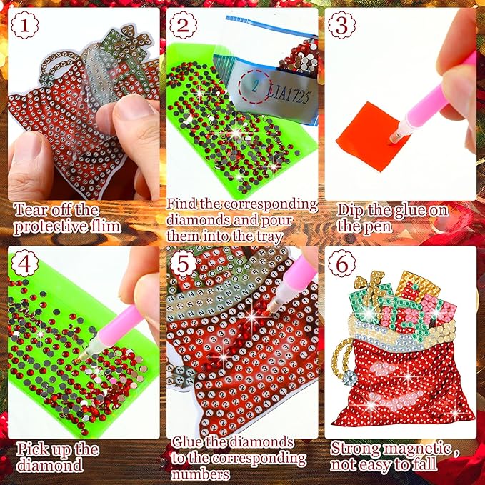30 Pcs Christmas Diamond Art Magnets Kits DIY Santa Claus Diamond Fridge Magnetic Stickers Xmas Gem Art Magnets for Beginners Holiday Decor Home