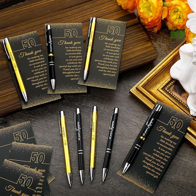 25 Sets 50th Birthday Party Favors for Guests with Golden Birthday Ballpoint Pens and Thank You Cards for Men Women Anniversary Wedding New Year Gifts