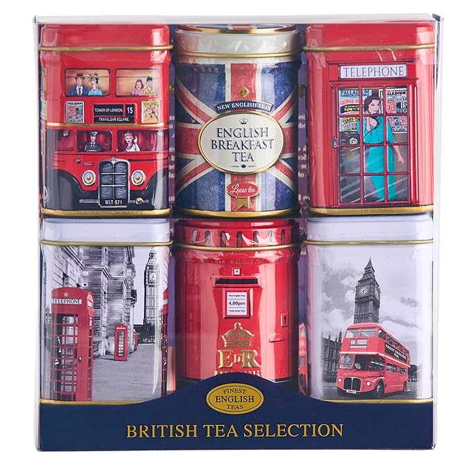 New English Teas British Icons 6x Tea Tin Gift Pack with 5 oz Loose English Tea - Union Jack, London Bus and Phone Box, UK Souvenir