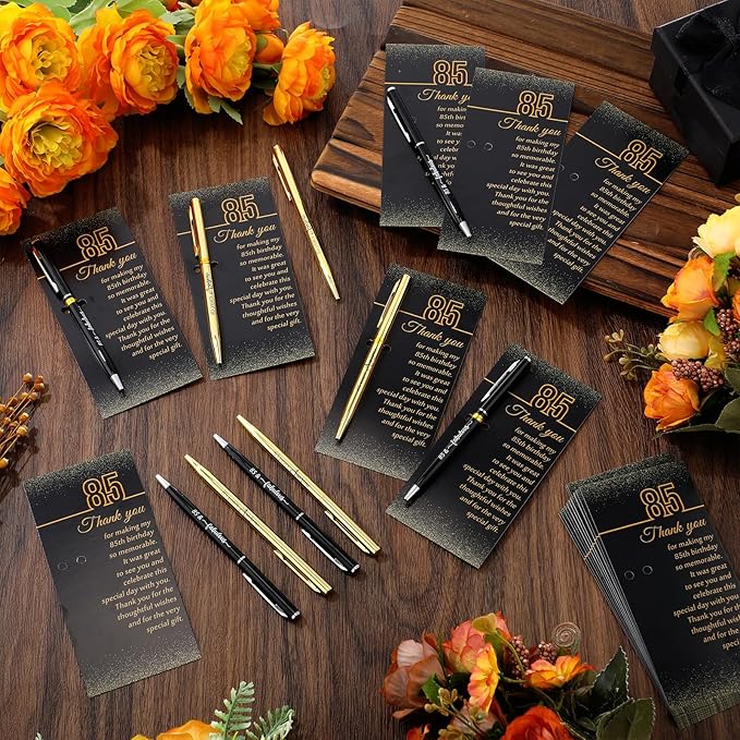 25 Sets 85th Birthday Themed Party Favors for Guests Including Birthday Ballpoint Pens and Black Gold Thank You Cards for Guests Anniversary Appreciation Gifts