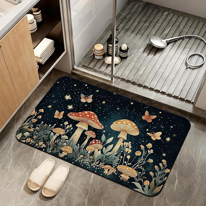 Diatomaceous Earth Bath Mat,Fantasy Mushroom Bath Rugs,Butterfly Stars Non-Slip Thin Absorbent Fast Drying Easy to Clean for Bathroom Laundry Home Kitchen Door Mat 17x29.5Inch