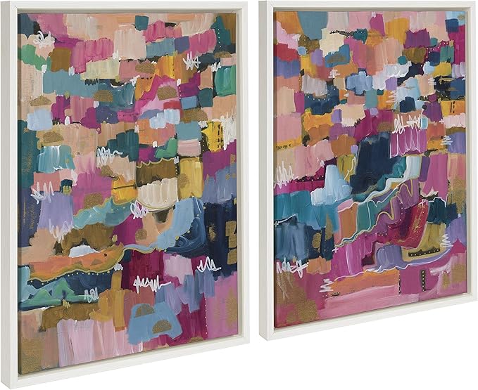 Kate and Laurel Sylvie Applause Framed Canvas Wall Art by Leah Nadeau, Set of 2, 18x24 White, Multicolored Abstract Art Collection for Wall