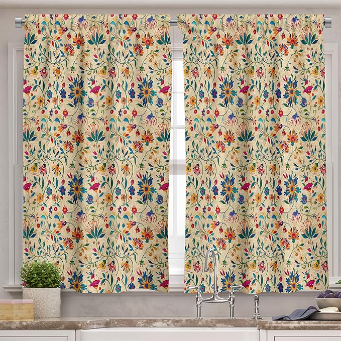 Ambesonne Floral Valance & Tier Curtain 3 pcs Set, Traditional Balkan Flowery Motifs Ornate Paint Print on Beige Background, Window Treatments for Kitchen Room Decor, 55" x 45", Blue Orange Multicolor