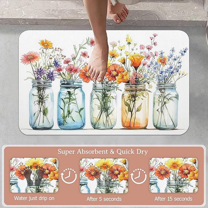 Color Floral Bath Mat,Diatomaceous Earth Bath Mat,Rubber Backing Quick Dry Absorbent Washable Bathroom Rugs for Tub Non Slip 17"x29.5"